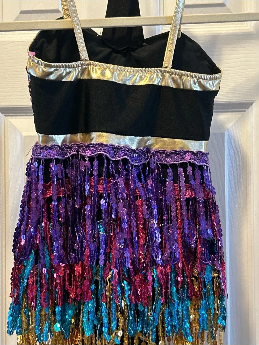 Multicolor Sequin Fringe Kids One-Piece Bodysuit with Gold Trim